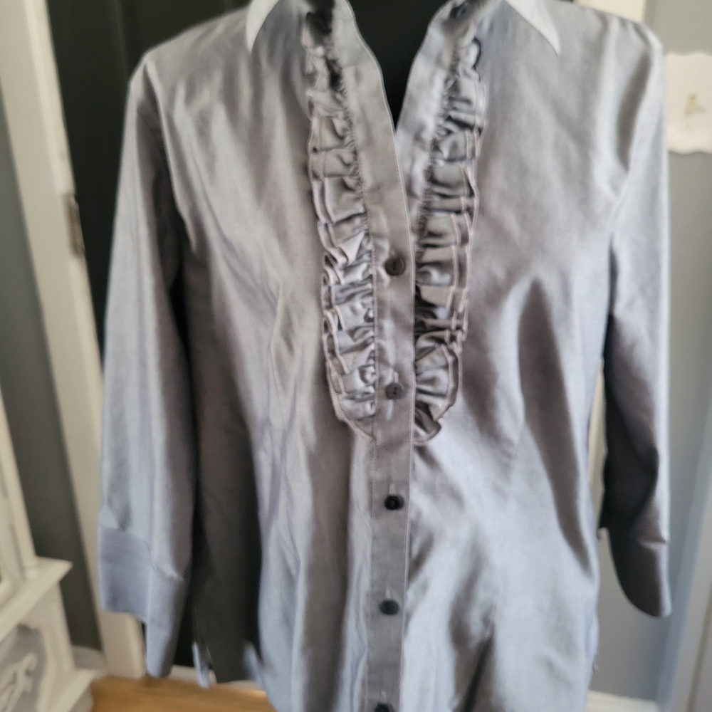 Foxcroft Gray Ruffle-Front Button Blouse - Picture 2 of 4
